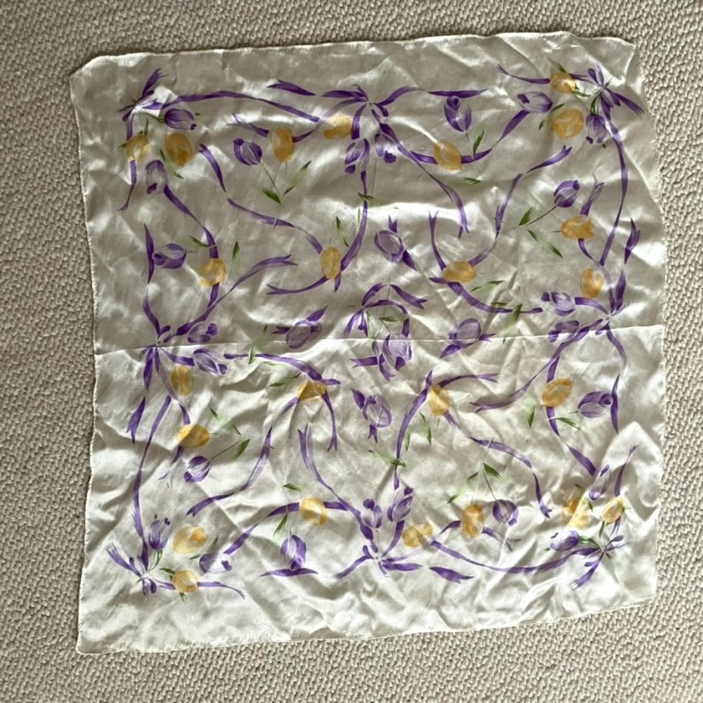 100% Silk white neck scarf square with floral spring print